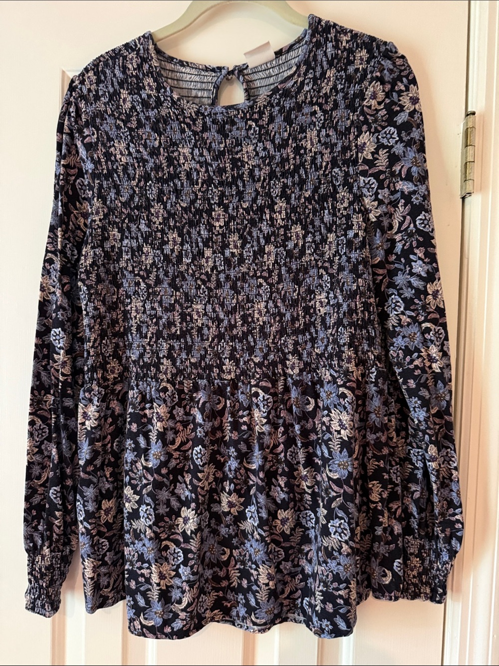 Floral Smocked Long-Sleeve Top - Black and Blue